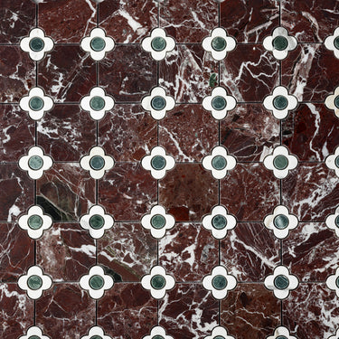 Floral Octagon | Rosso Levanto - Calacatta Viola - Verde Alpi Honed Mosaic Tile