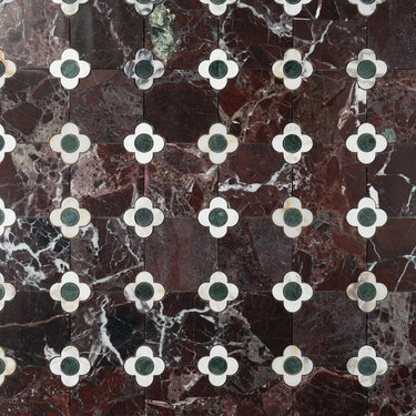 Floral Octagon | Rosso Levanto - Calacatta Viola - Verde Alpi Honed Mosaic Tile