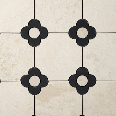 Floral Octagon | Beige Limestone - Nero Marquina - Harley Beige Honed Mosaic Tile