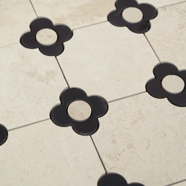 Floral Octagon | Beige Limestone - Nero Marquina - Harley Beige Honed Mosaic Tile