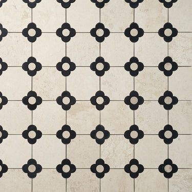 Floral Octagon | Beige Limestone - Nero Marquina - Harley Beige Honed Mosaic Tile