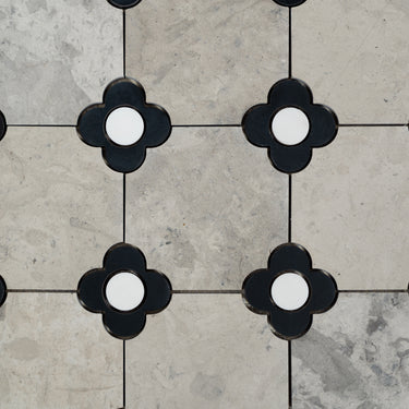 Floral Octagon | Tala Grey - Nero Marquina - Bianco Dolomite Honed Mosaic Tile