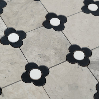 Floral Octagon | Tala Grey - Nero Marquina - Bianco Dolomite Honed Mosaic Tile