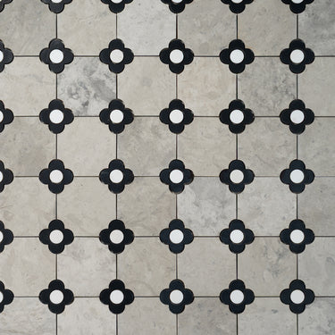 Floral Octagon | Tala Grey - Nero Marquina - Bianco Dolomite Honed Mosaic Tile
