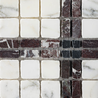 Lucia-IV | Roman Marble Mosaic Tile (Arabescato Corchia, Rosso Levanto, Nero Dorato)