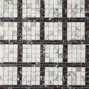 Lucia-IV | Roman Marble Mosaic Tile (Arabescato Corchia, Rosso Levanto, Nero Dorato)