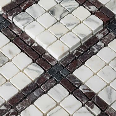 Lucia-IV | Roman Marble Mosaic Tile (Arabescato Corchia, Rosso Levanto, Nero Dorato)