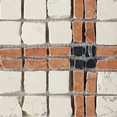 Lucia-V | Roman Marble Mosaic Tile (Bianco Perlino, Rosso Verona, Nero Dorato)