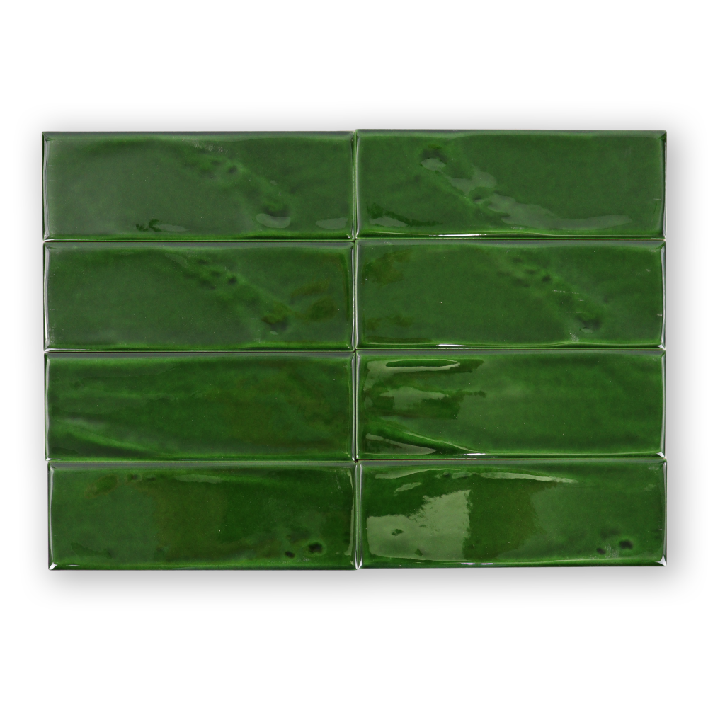 Handmade 3x8 Jade Green Glossy Undulated Subway Tile