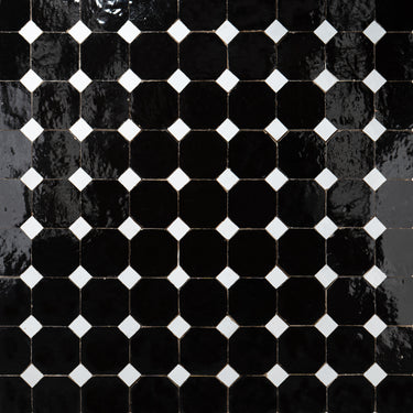 Noir Black Octagon with Himalayan Salt White Dots Moroccan Mosaic