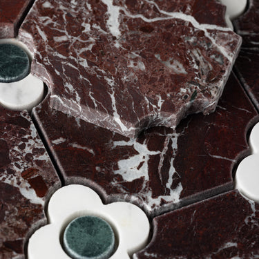 Floral Octagon | Rosso Levanto - Calacatta Viola - Verde Alpi Honed Mosaic Tile