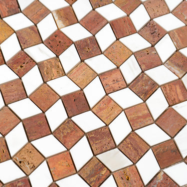 Mosaico Piazza Red Travertine with Dolomite Marble Honed Mosaic Tile