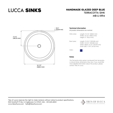 Handmade Glazed Deep Blue Terracotta sink